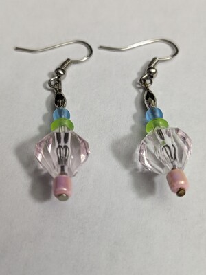 Pink and green dangle earrings with blue accent on fish hook ear wire - image2